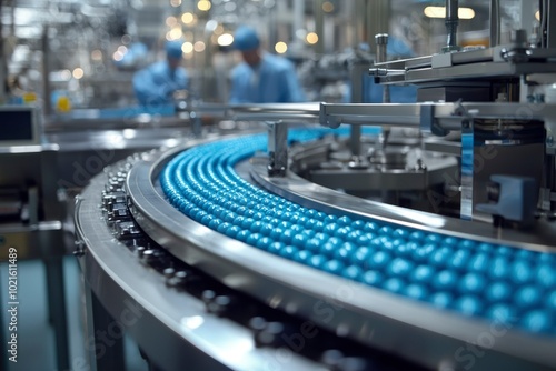 Close-up of a Conveyor Belt with Blue Spheres in a Factory Setting