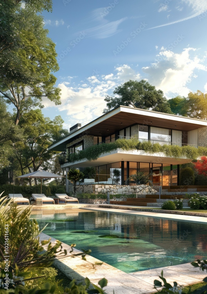 Fototapeta premium Modern Villa with Lush Landscaping and Pool