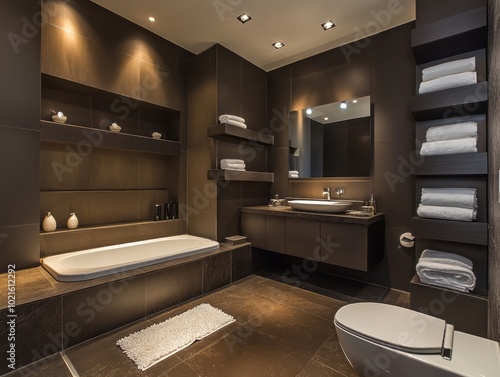 Chocolate brown walls in a contemporary bathroom with recessed lighting and floating shelves