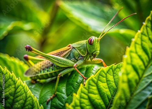 Vibrant Colorful Grasshopper Camouflaged Among Green Leaves in a Natural Outdoor Environment