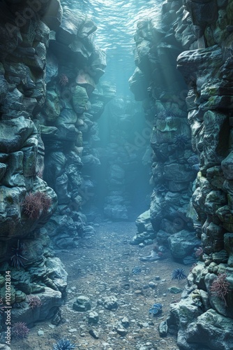 Underwater cave with rocks and coral photo