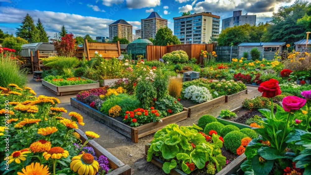 Obraz premium Vibrant Community Garden with Lush Vegetables, Colorful Flowers, and Sustainable Practices for Urban Green Spaces