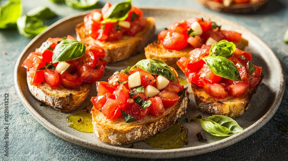 A plate of bruschetta with fresh tomatoes, basil, and mozzarella cheese, drizzled with olive oil and balsamic vinegar. A plate of bruschetta with fresh tomatoes, basil, and mozzarella cheese, drizzled with olive oil and balsamic vinegar.