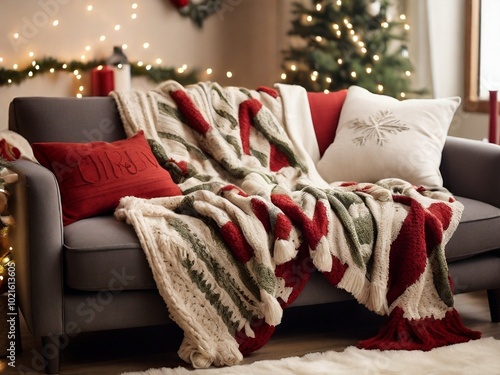 festive and warm decor perfect for the holiday season. A cozy photo of a Christmas-themed throw blanket draped over a sofa photo