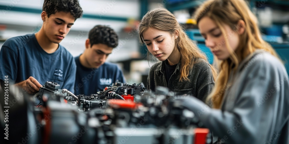 A group of adults in a vocational training environment, learning hands-on skills such as automotive repair or electrical work, with tools and equipment surrounding them.