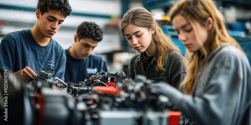 Obraz na płótnie A group of adults in a vocational training environment, learning hands-on skills such as automotive repair or electrical work, with tools and equipment surrounding them. w salonie