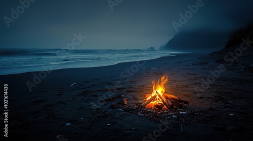  Campfire, beach, night, ocean, cliff