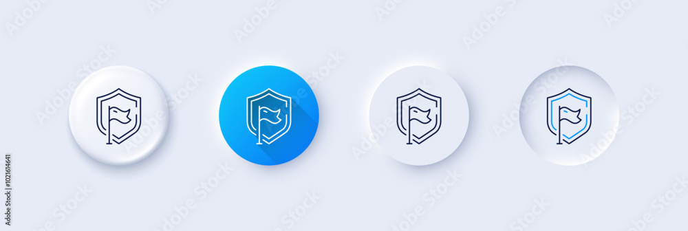 Shield line icon. Neumorphic, Blue gradient, 3d pin buttons. Privacy secure sign. Safe defense symbol. Line icons. Neumorphic buttons with outline signs. Vector Shield line icon. Neumorphic, Blue gradient, 3d pin buttons. Privacy secure sign. Safe defense symbol. Line icons. Neumorphic buttons with outline signs. Vector