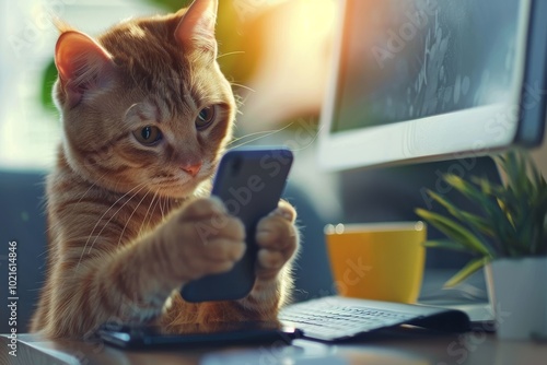 A cat sits in an office and stares at a smartphone screen photo