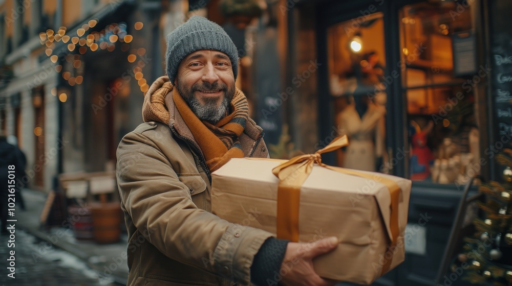 A delivery driver handing over a package to a customer in front of a cafe A delivery driver handing over a package to a customer in front of a cafe