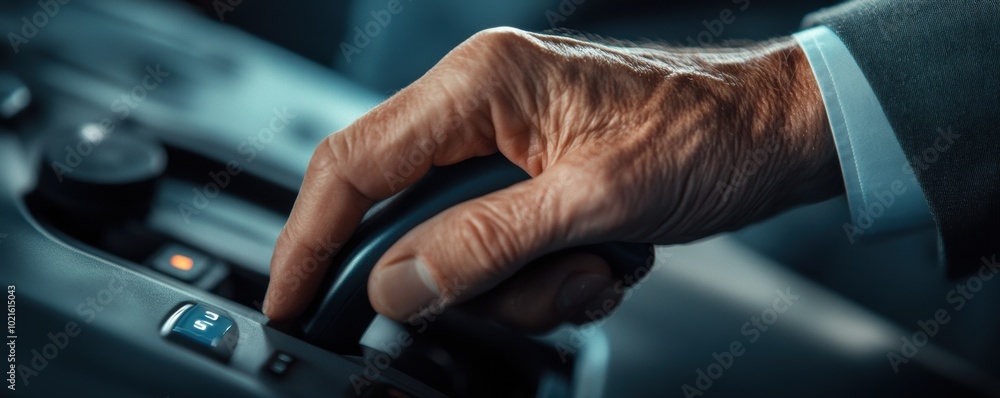 Macro shot of senior hand operating car controls. Focus on transportation safety and elderly driving concept Macro shot of senior hand operating car controls. Focus on transportation safety and elderly driving concept