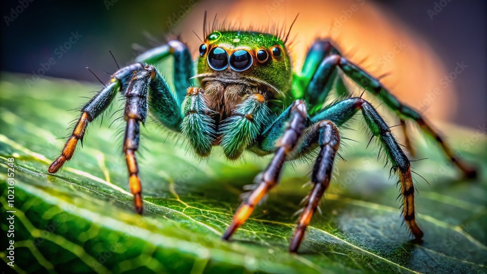 Vibrant Emerald Jumping Spider on Green Leaf Captured in Nature with Macro Photography Detail Vibrant Emerald Jumping Spider on Green Leaf Captured in Nature with Macro Photography Detail