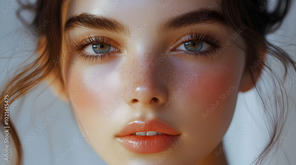 Close-Up Portrait Illustration of a Woman with Blue Eyes and Freckles Close-Up Portrait Illustration of a Woman with Blue Eyes and Freckles