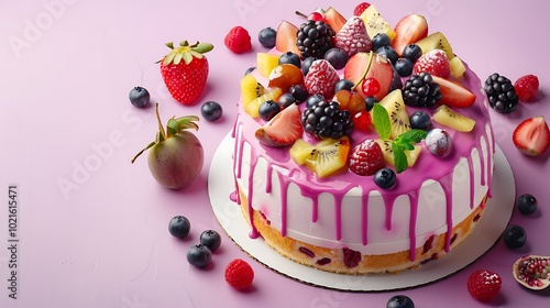 A colorful fruit cake with icing on a soft lavender background.