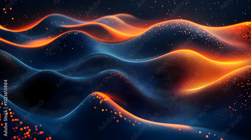 Fototapeta premium Abstract Background with Orange and Blue Waves and Glowing Particles