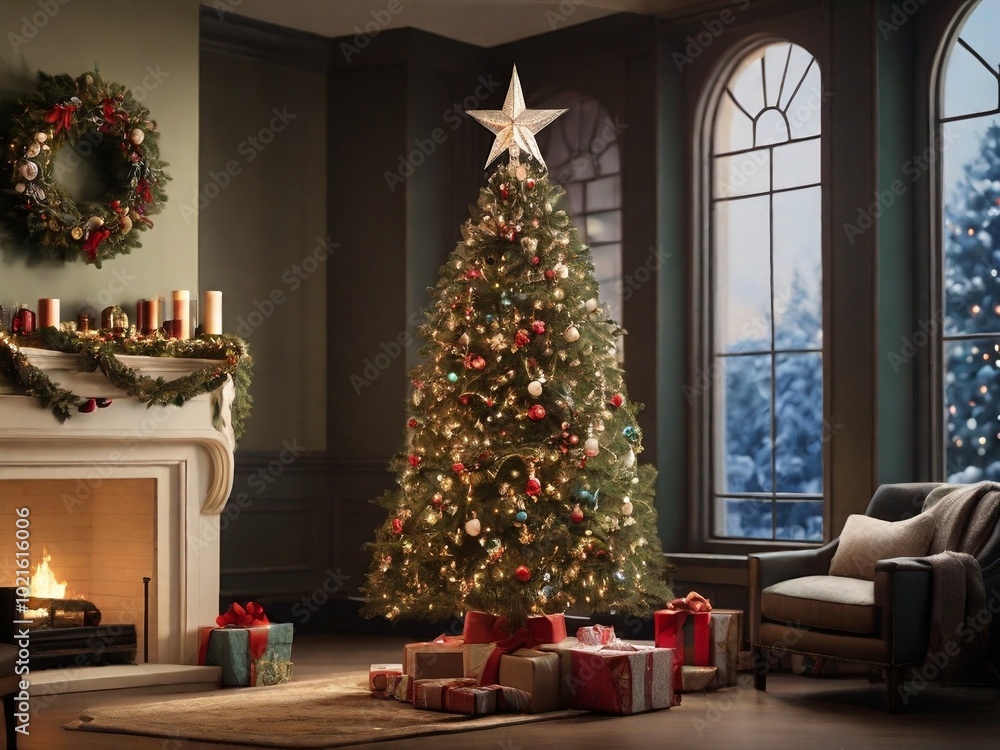 A photo of a Christmas tree in a decorated room while gazing the snowy landscape. Highlighting the festive decorations and joyful ambiance of the holiday season. A photo of a Christmas tree in a decorated room while gazing the snowy landscape. Highlighting the festive decorations and joyful ambiance of the holiday season.