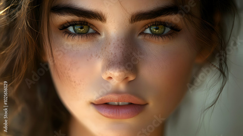 Closeup Portrait of a Woman with Green Eyes and Freckles