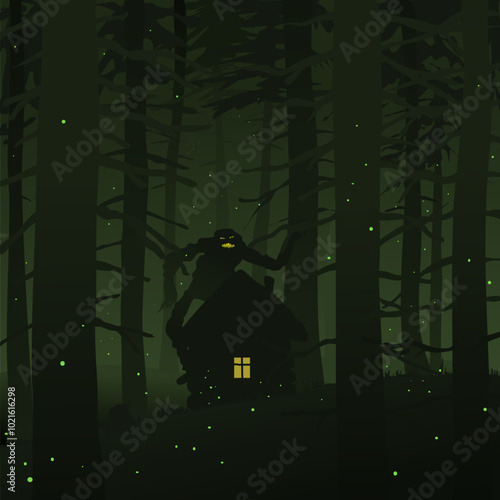 A huge shaggy monster lurked in the woods near a house with a fire in the window. Vector illustration scary pictures with monsters in the forest. The monster above the house sneaks up on the people in