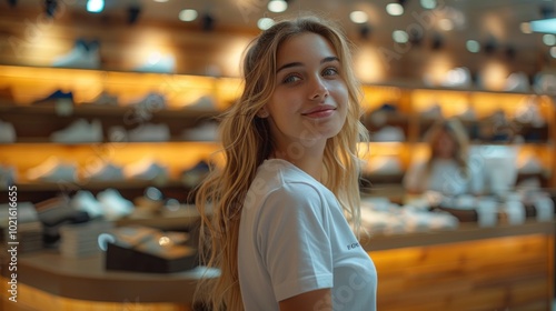 A friendly young female employee assisting a customer in a well-organized shoe store