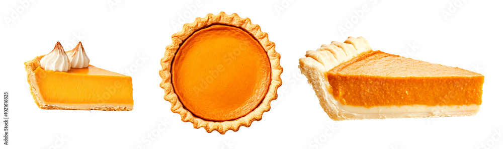 Closeup of pumpkin pie half with sprinkle of cinnamon on top isolated on white background, showcasing a Halloween dessert concept Closeup of pumpkin pie half with sprinkle of cinnamon on top isolated on white background, showcasing a Halloween dessert concept
