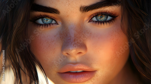 Close-up 3D Illustration of a Woman's Face with Freckles