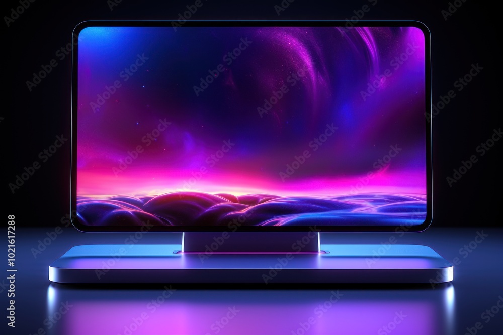 Futuristic Tablet Displaying Abstract Purple Galaxy Landscape Futuristic Tablet Displaying Abstract Purple Galaxy Landscape