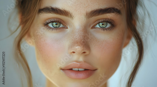 Closeup Portrait of a Woman with Freckles and Green Eyes - Realistic Illustration