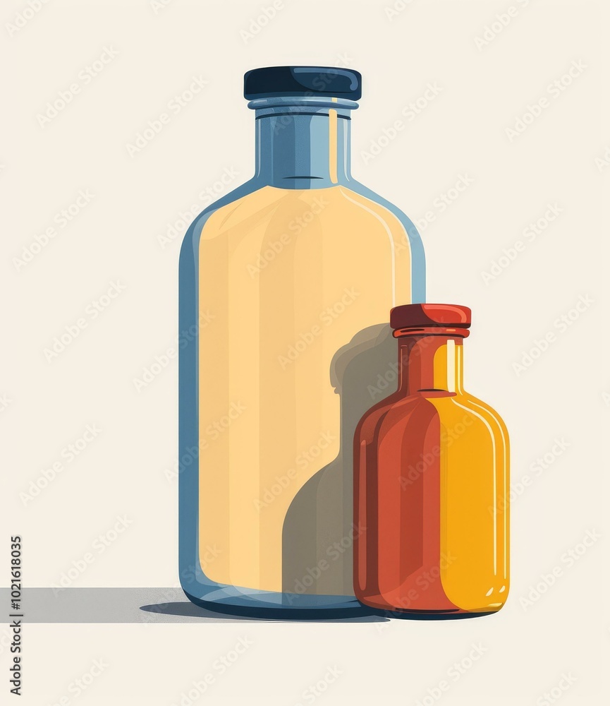 Two retro glass bottles of different sizes in a minimalist style Two retro glass bottles of different sizes in a minimalist style