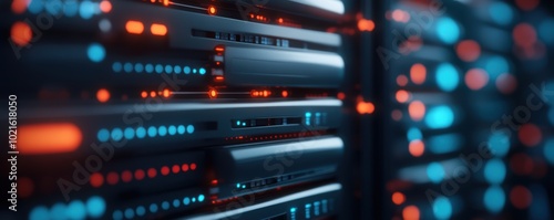 Close-up view of illuminated server racks in a data center. Technology and network