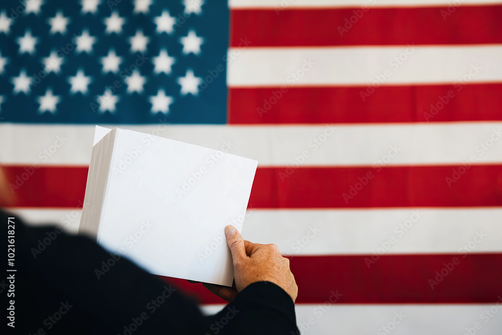 A voter holds a blank ballot in front of the American flag, symbolizing participation in the democratic process during the USA elections. A voter holds a blank ballot in front of the American flag, symbolizing participation in the democratic process during the USA elections.