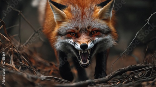 A fox is shown with its mouth open and teeth bared, looking angry and ready to attack