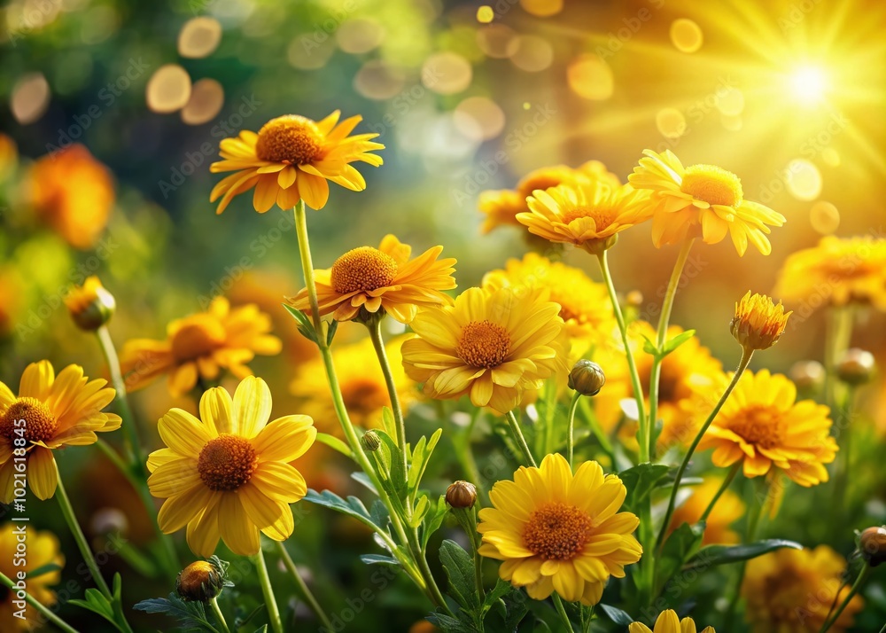 Vibrant Golden Shrub Daisy Blooms in a Lush Garden Setting with Bright Sunlight and Green Foliage Vibrant Golden Shrub Daisy Blooms in a Lush Garden Setting with Bright Sunlight and Green Foliage