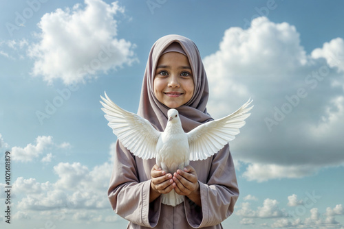 Muslim girl with a white dove of peace in her hands against the background of a cloudy blue sky.