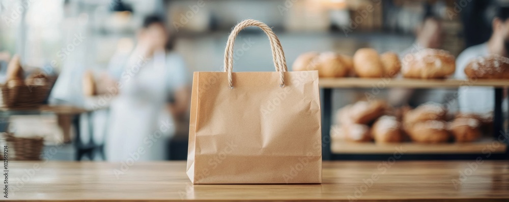 Brown paper bag on wooden counter in bakery with blurred background. Brown paper bag on wooden counter in bakery with blurred background.
