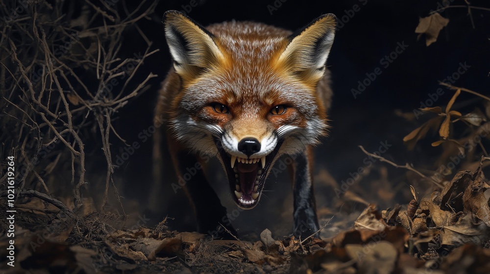 A fox is shown in a dark forest with its mouth open and teeth bared. Concept of danger and fear, as the fox appears to be ready to attack or defend itself A fox is shown in a dark forest with its mouth open and teeth bared. Concept of danger and fear, as the fox appears to be ready to attack or defend itself
