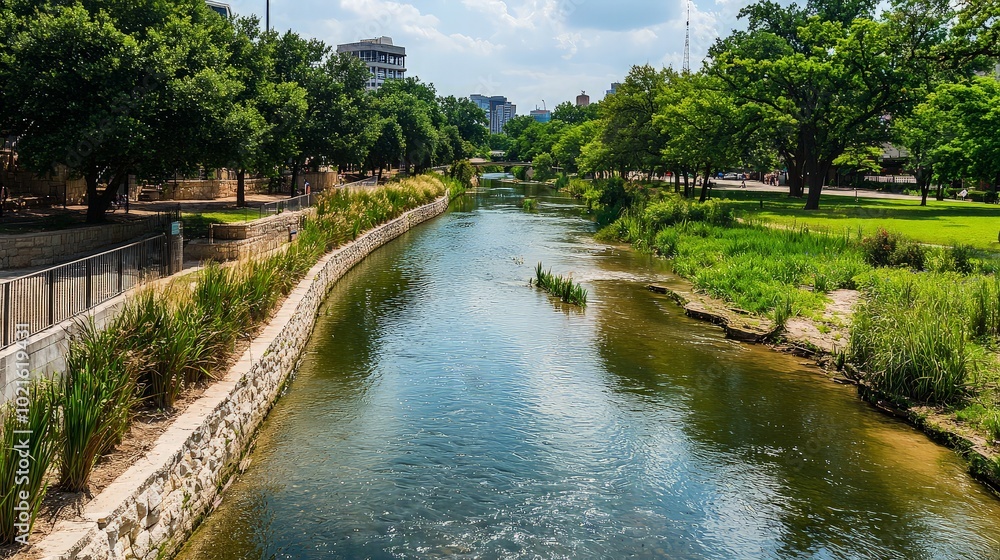 A scenic view of a river flowing through a park in a city with tall buildings in the distance. The river is surrounded by green trees, grass, and a stone wall. A scenic view of a river flowing through a park in a city with tall buildings in the distance. The river is surrounded by green trees, grass, and a stone wall.