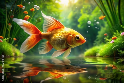 Vibrant Goldfish Swimming Gracefully in a Tranquil Garden Pond Surrounded by Lush Greenery