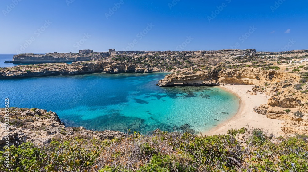 A secluded cove with a small beach surrounded by cliffs and clear blue water on a sunny day. A secluded cove with a small beach surrounded by cliffs and clear blue water on a sunny day.