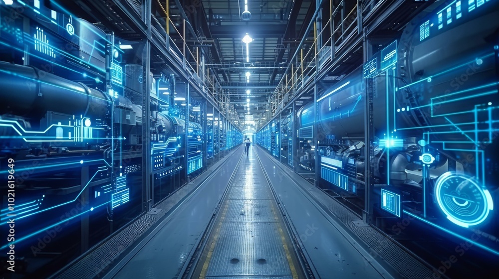 futuristic industrial interior with blue glowing lights and machinery futuristic industrial interior with blue glowing lights and machinery