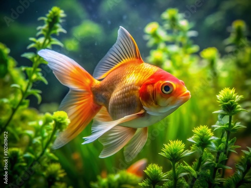 Vibrant Goldfish Swimming Gracefully in Clear Water Surrounded by Lush Green Aquatic Plants