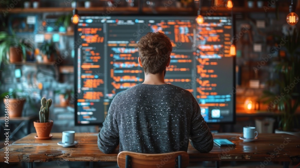 A developer presenting a JavaScript project on a large screen in a tech office A developer presenting a JavaScript project on a large screen in a tech office