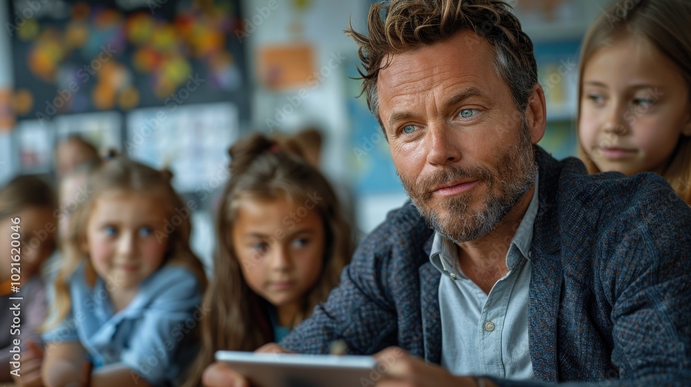 A German language teacher using a digital tablet to show an interactive language lesson to a small group of students A German language teacher using a digital tablet to show an interactive language lesson to a small group of students