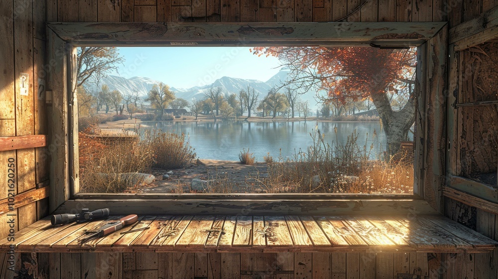 A view of a lake and mountains from a wooden cabin A view of a lake and mountains from a wooden cabin