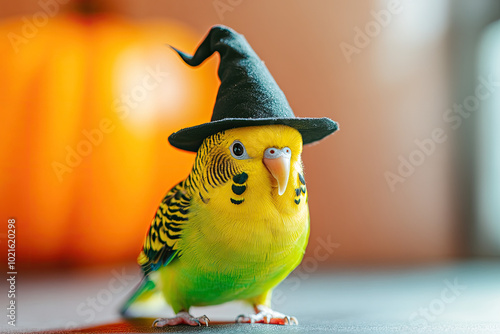 A parakeet wearing a tiny witch s hat on a spooky branch, symbolizing bird costumes for Halloween photo