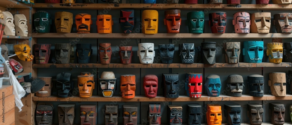 Colorful Masks Displayed on a Wall Colorful Masks Displayed on a Wall