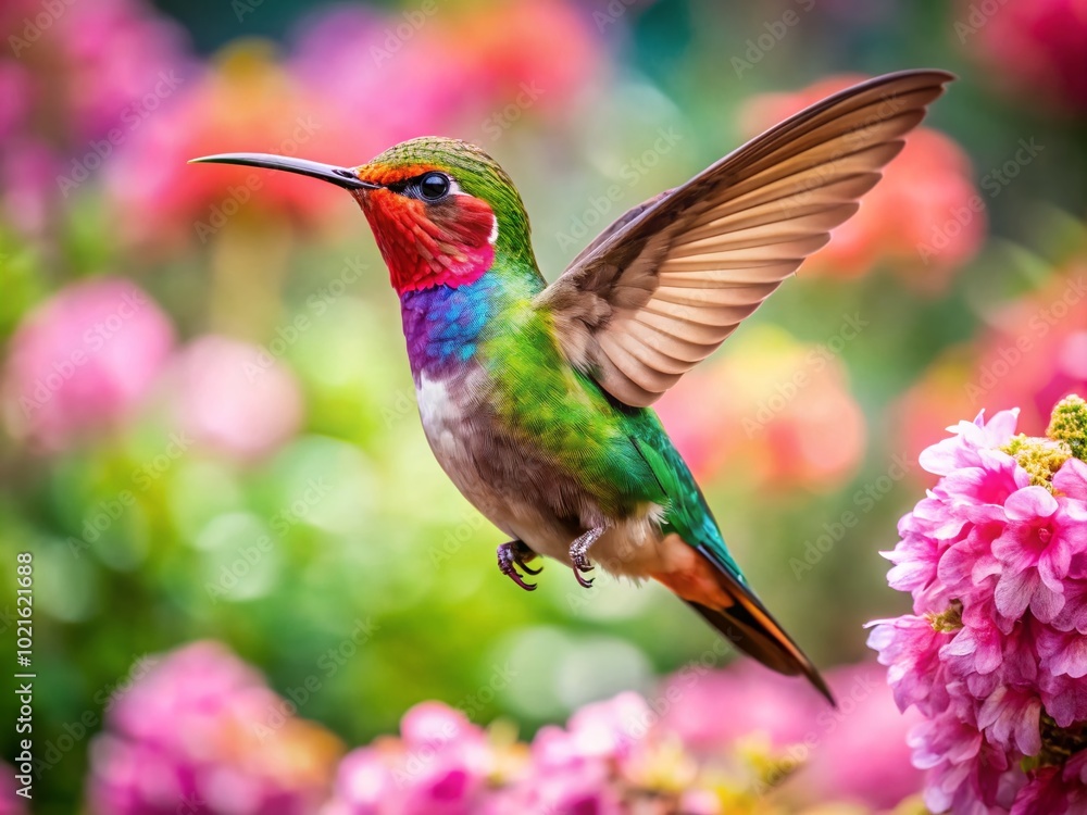 Naklejka premium Vibrant Hummingbird in Japan's Lush Garden Showcasing Nature's Beauty and Graceful Flight