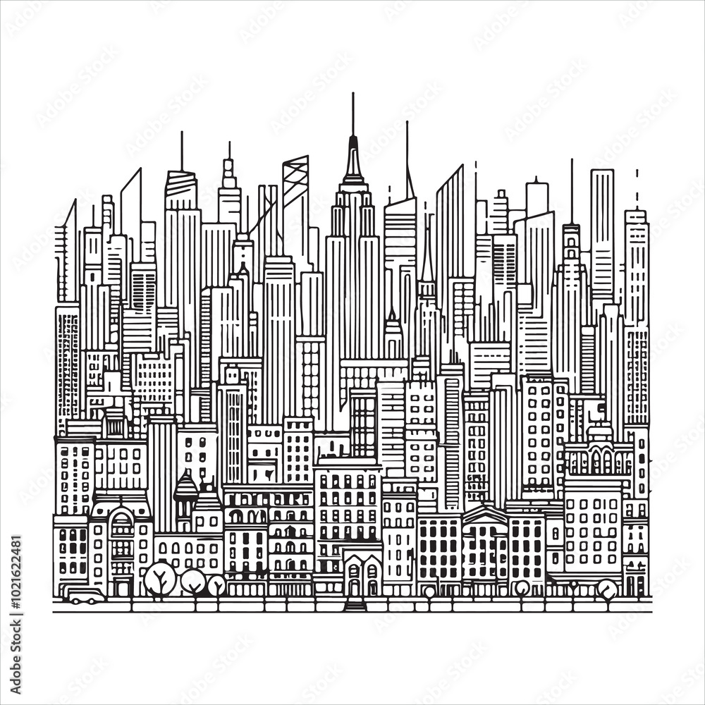 Fototapeta premium single one line City silhouette on white background 