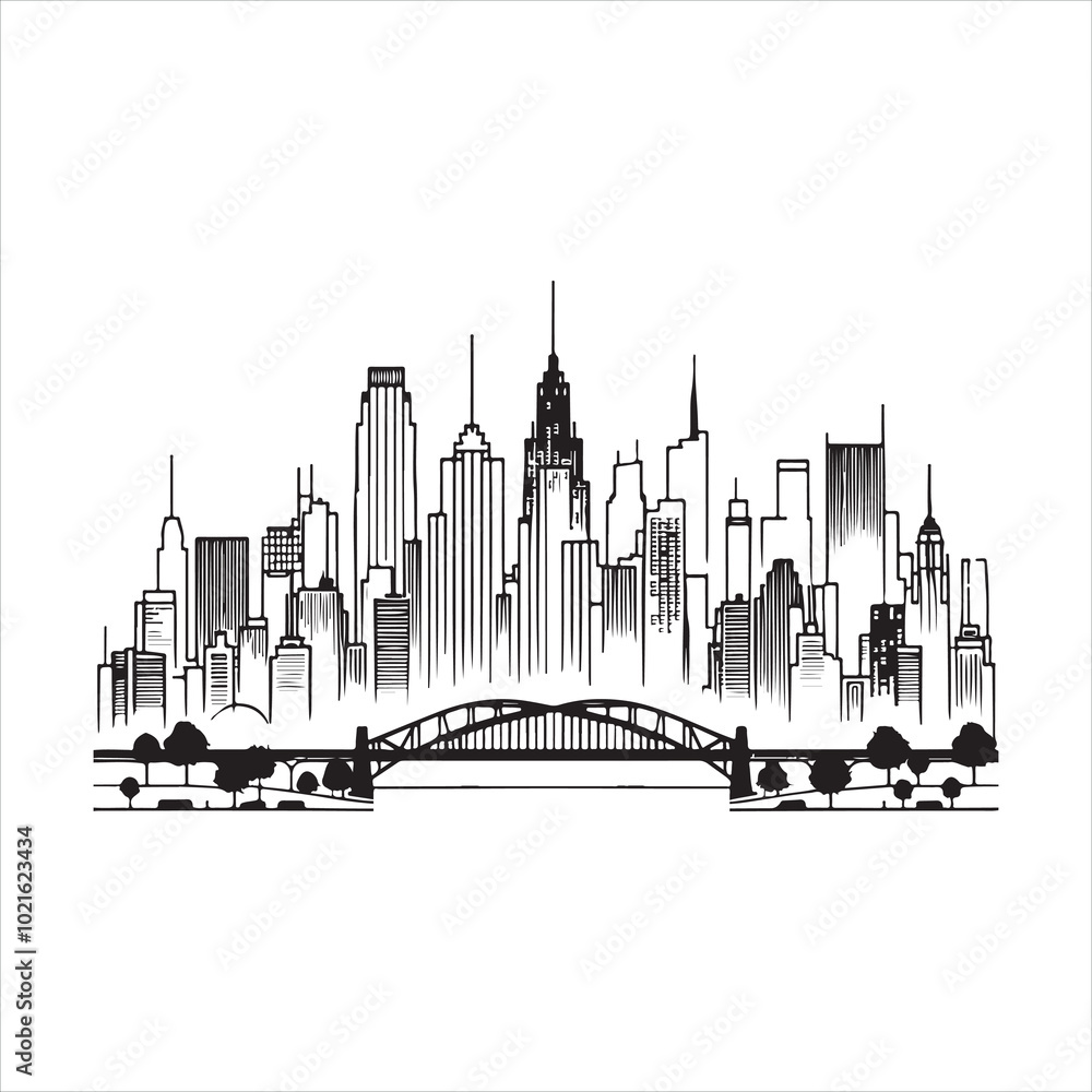 Naklejka premium single one line City silhouette on white background 