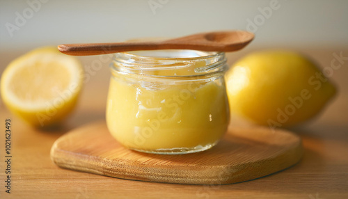 Glass jar with lemon curd and wooden spoon on wooden table. Natural light.