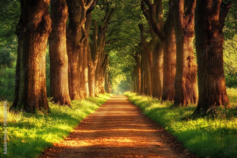 Obraz premium A long, winding path lined with trees in a forest, bathed in golden sunlight.